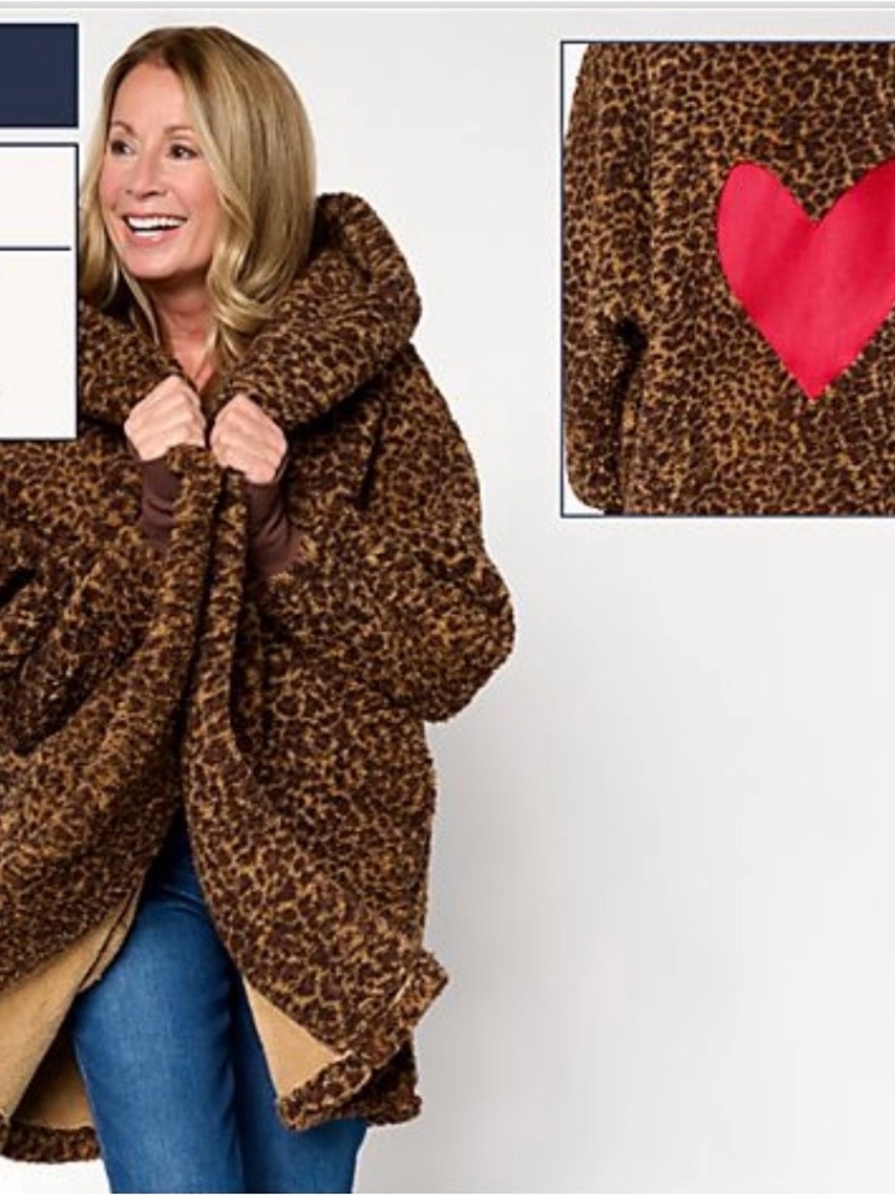 ♥️ QVC Jill Martin Sherpa Leopard Teddy Coat w/Red Heart Embroidered M/L Reg